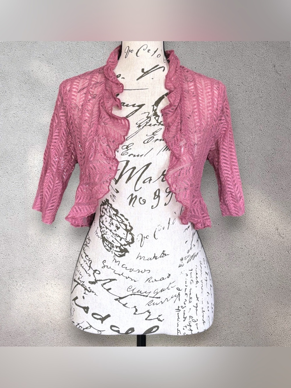 Womens 8P Connected Apparel Mauve Pink Lace Ruffle 1/2 Sleeve Bolero Jacket NWOT
